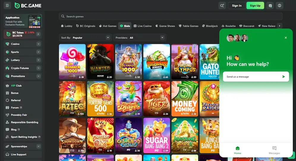 BC Game Casino and Live Support Screenshot